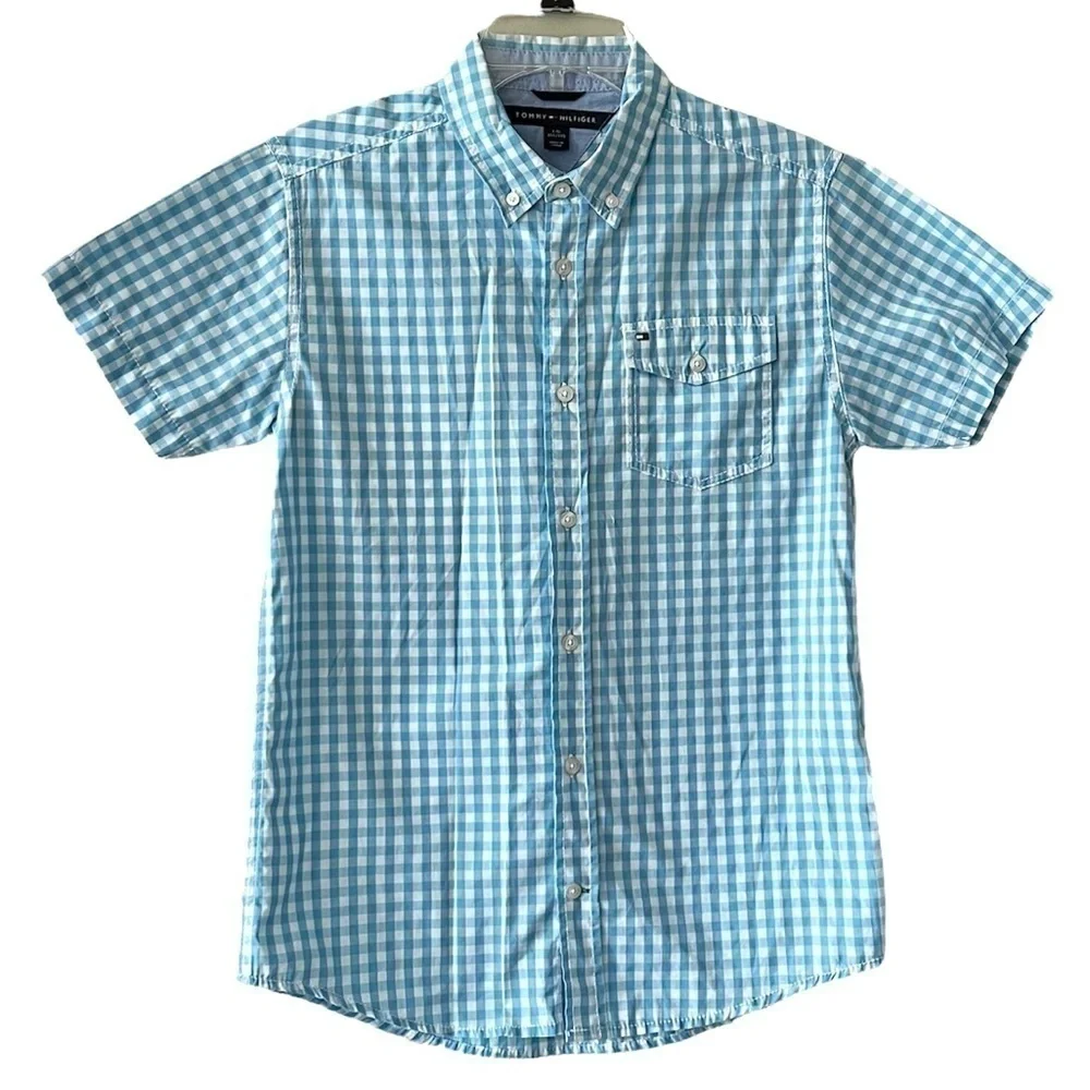 Tommy Hilfiger Boys Button Down Shirt Blue Gingham Size Large 16/18